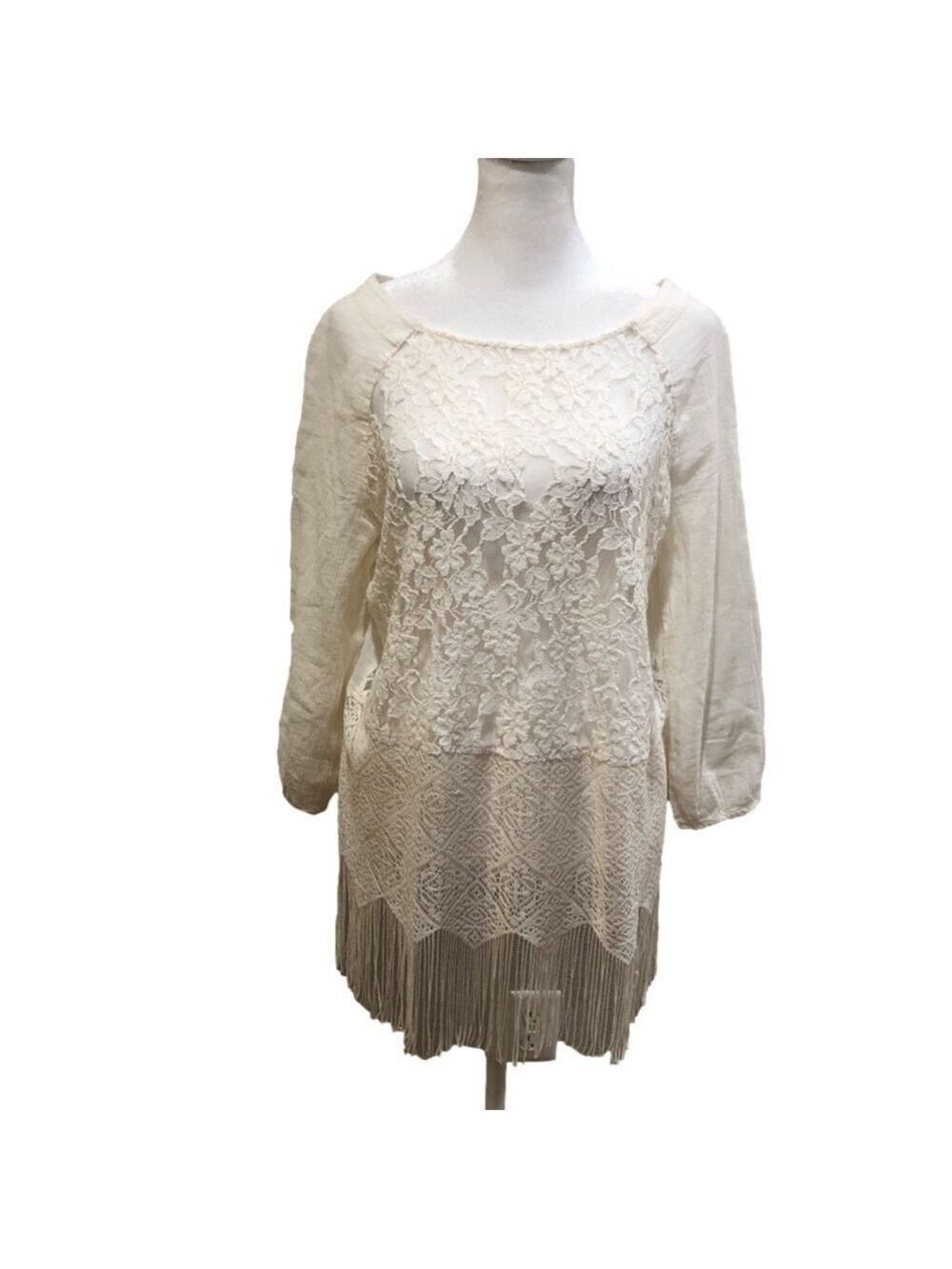 Free People mixed lace gauzey top with fringe hem and 3/4 sleeves ivory. Size S